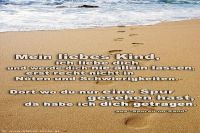 Mein liebes Kind, ich liebe dich und werde dich nie allein lassen, erst recht nicht in Nöten und Schwierigkeiten. Dort wo du nur eine Spur gesehen hast, da habe ich dich getragen. (aus Spuren im Sand)